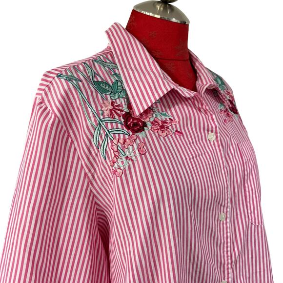 Pink & white striped casual top blouse shirt floral roses embroidery Blair XL - Picture 5 of 9